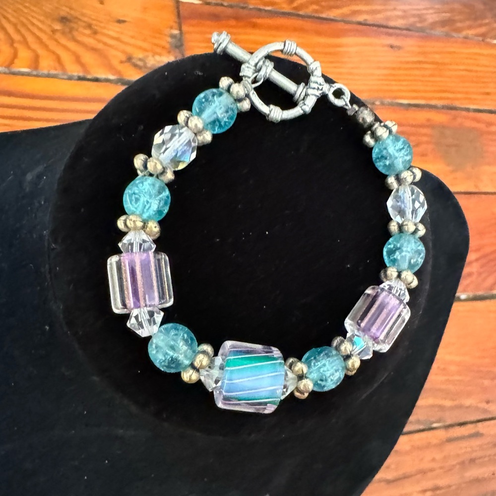 Small Lampwork Glass Bracelet - Silver Purple Blue Clear